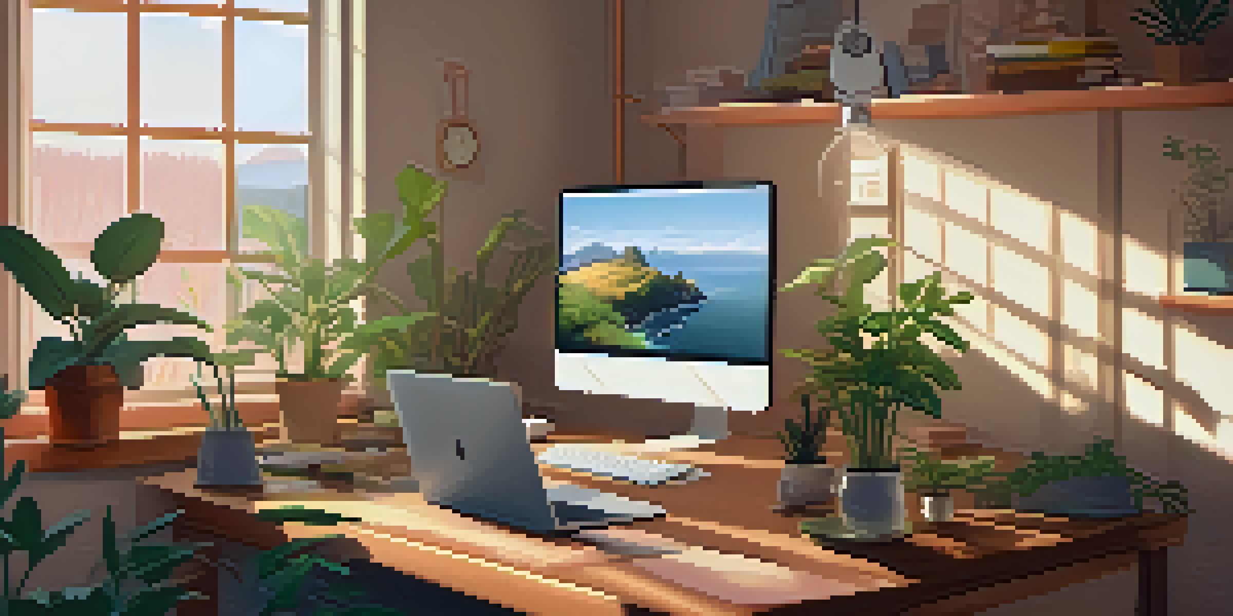 A person sitting at a desk, engaged in an online mental health consultation, looking relieved and connected, with warm lighting and plants in the background.