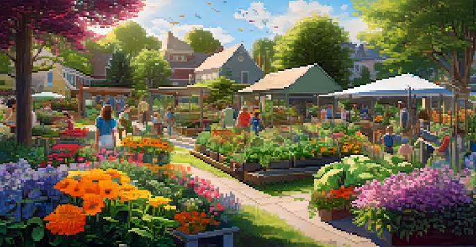 A lively community garden filled with colorful flowers and vegetables, with people gardening together under sunlight.