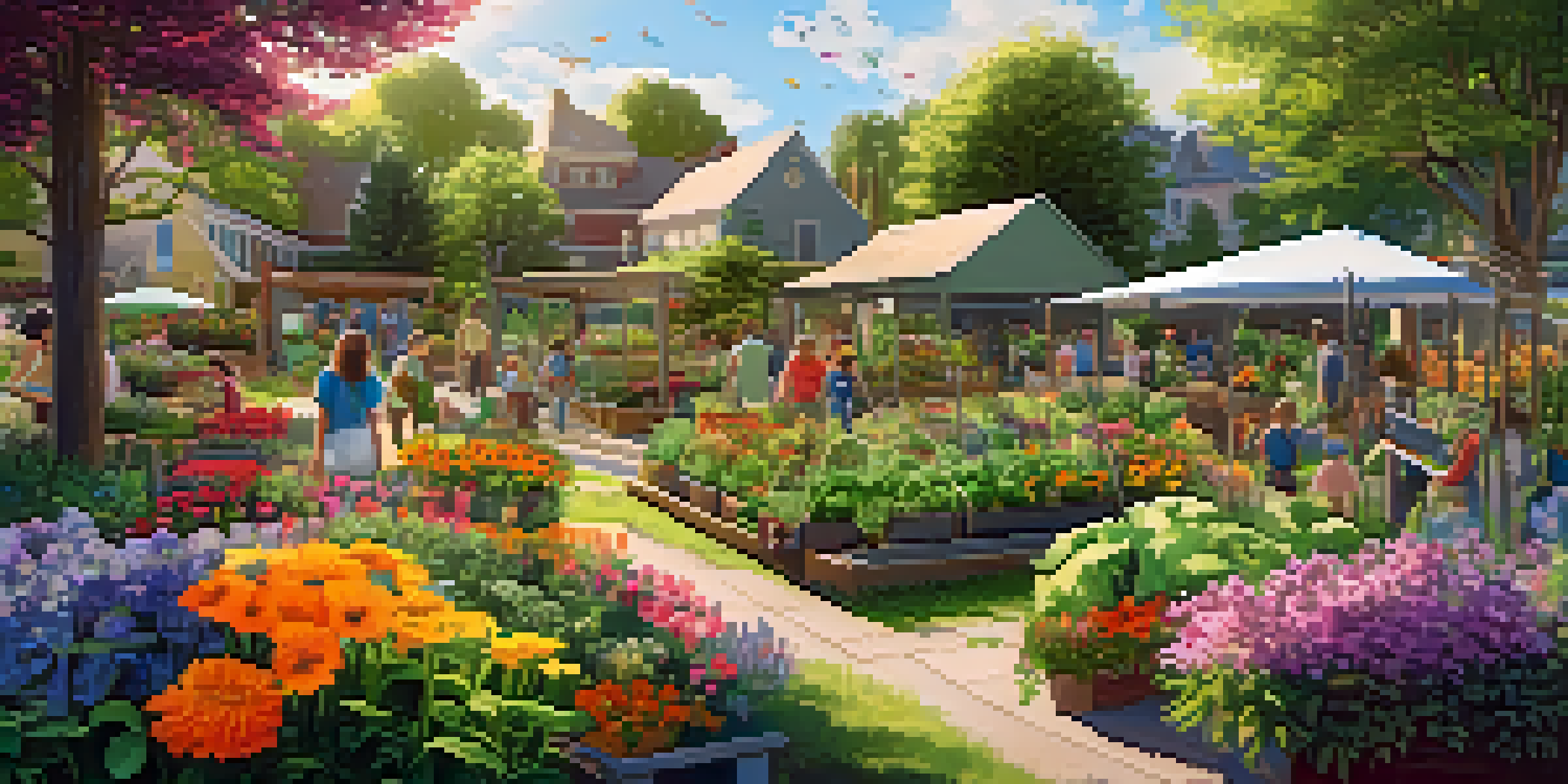 A lively community garden filled with colorful flowers and vegetables, with people gardening together under sunlight.