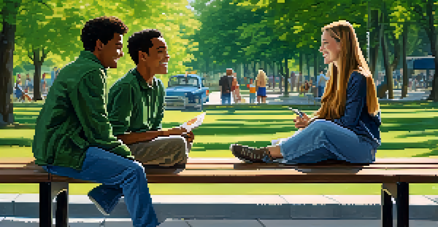 Two friends having a lively discussion on a park bench, surrounded by nature and bright blue skies.