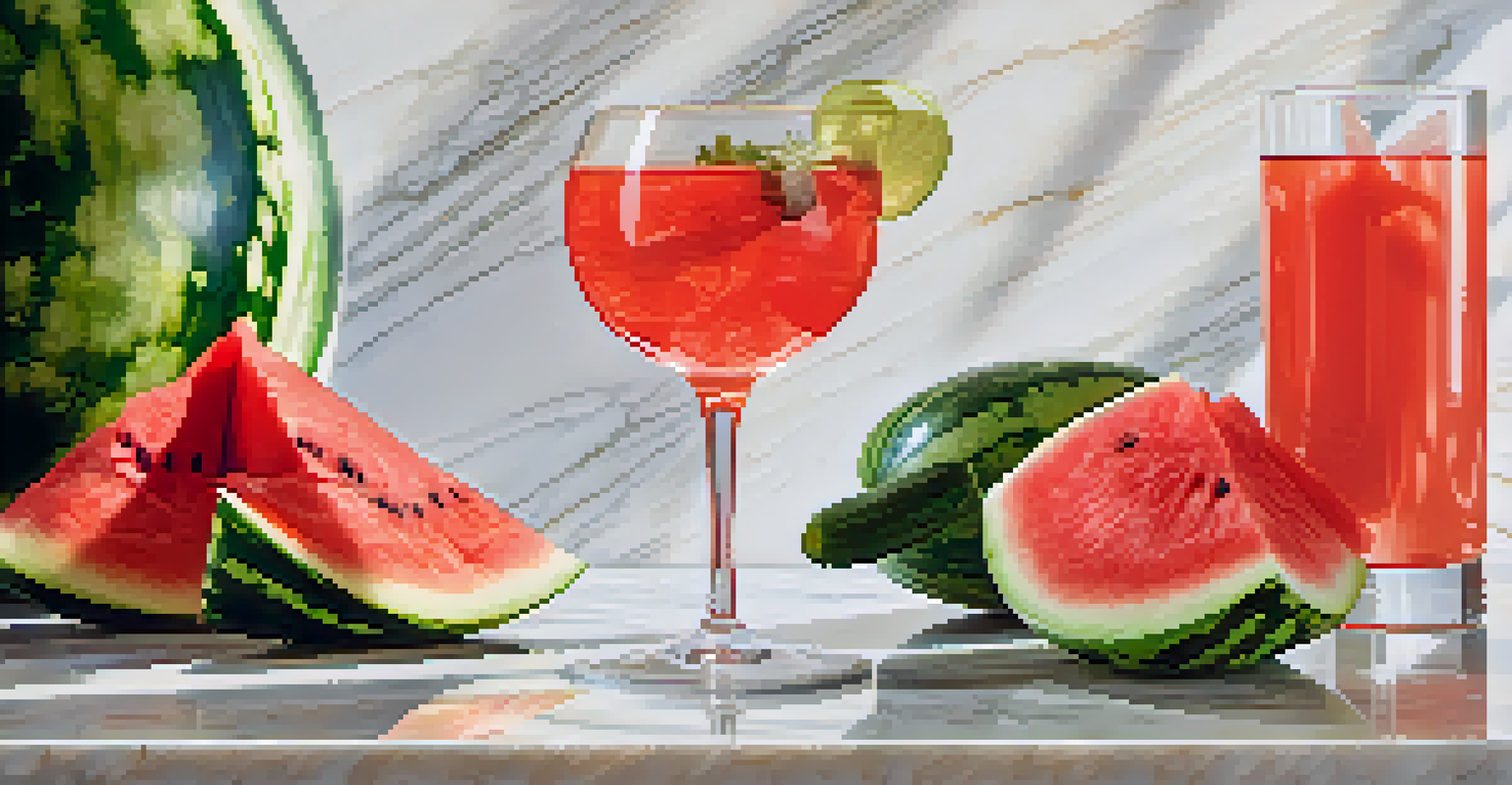 A glass of water next to slices of watermelon and cucumber on a marble countertop, symbolizing hydration and stress relief.