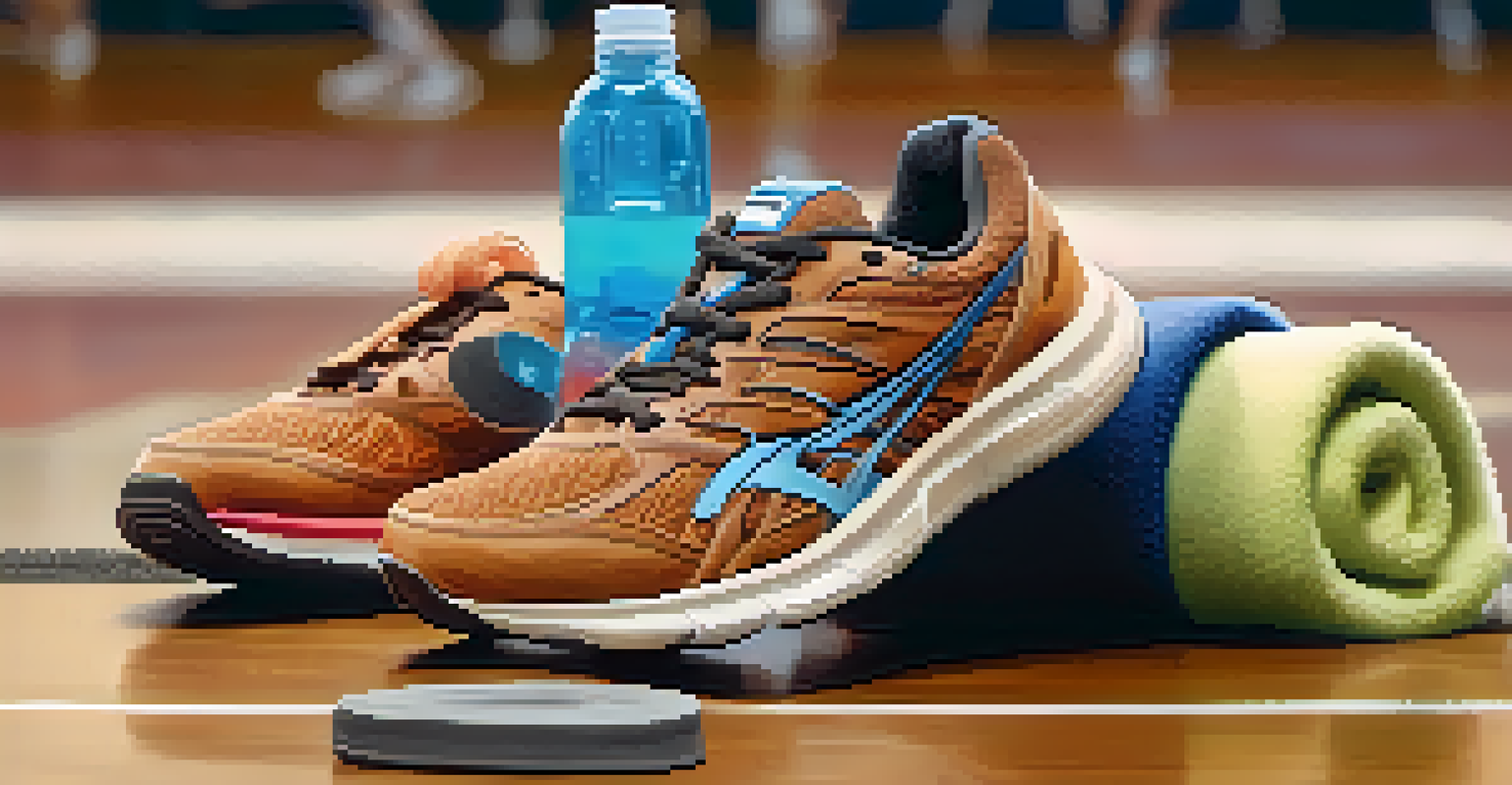 Close-up of running shoes and a water bottle on a gym mat, with athletes warming up in the background.
