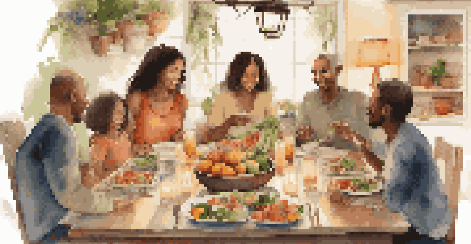 A family enjoying a mindful meal together at a dining table filled with fresh food and a warm atmosphere.