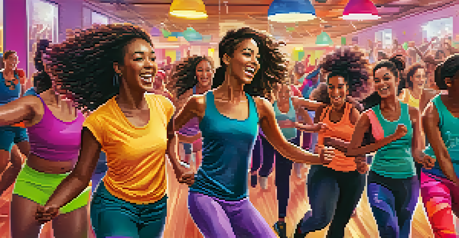 A lively Zumba class with participants dancing and smiling in a colorful studio.