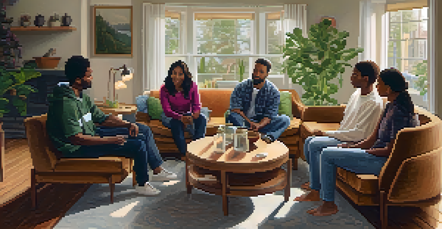 A warm living room setting where a diverse support group meets, sharing experiences in a cozy atmosphere.