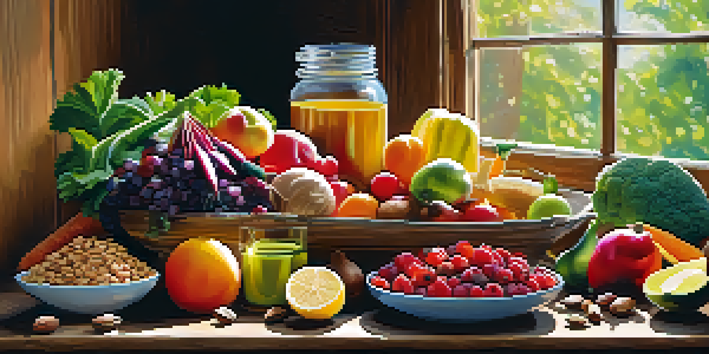 A spread of healthy foods including fruits, vegetables, whole grains, and lean proteins on a wooden table, illuminated by warm sunlight.