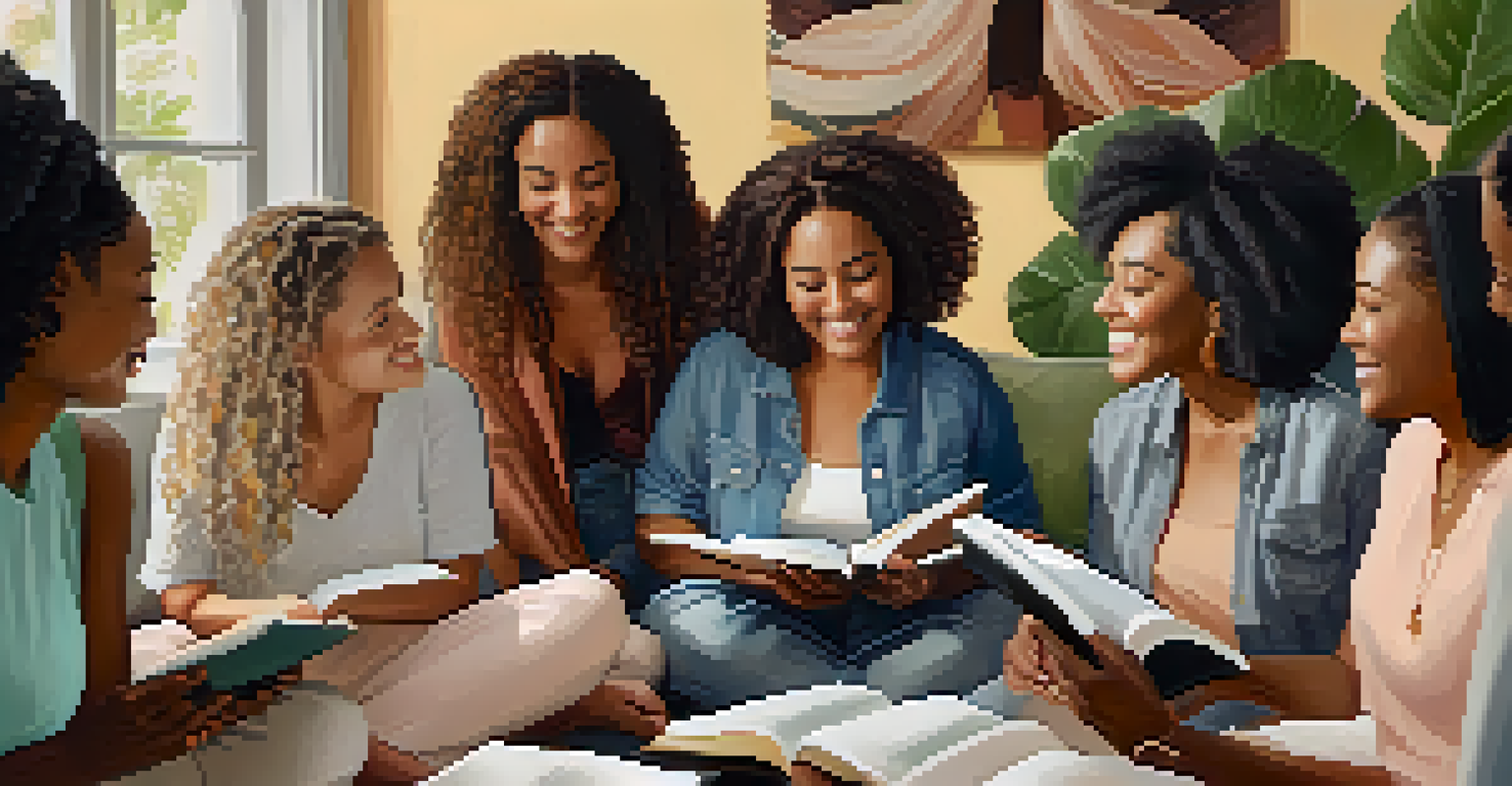 A group of diverse women sharing their journaling experiences in a bright, welcoming room filled with plants and inspirational decor.