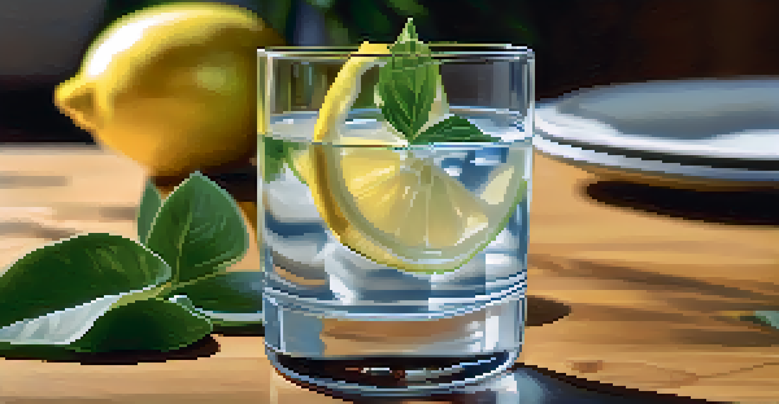 A glass of water with ice and a lemon slice on a wooden table surrounded by green plants.