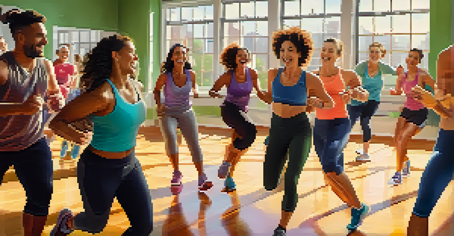 A group of friends participating in a dance workout class, laughing and enjoying the energetic atmosphere with colorful workout gear and motivational posters in the background.
