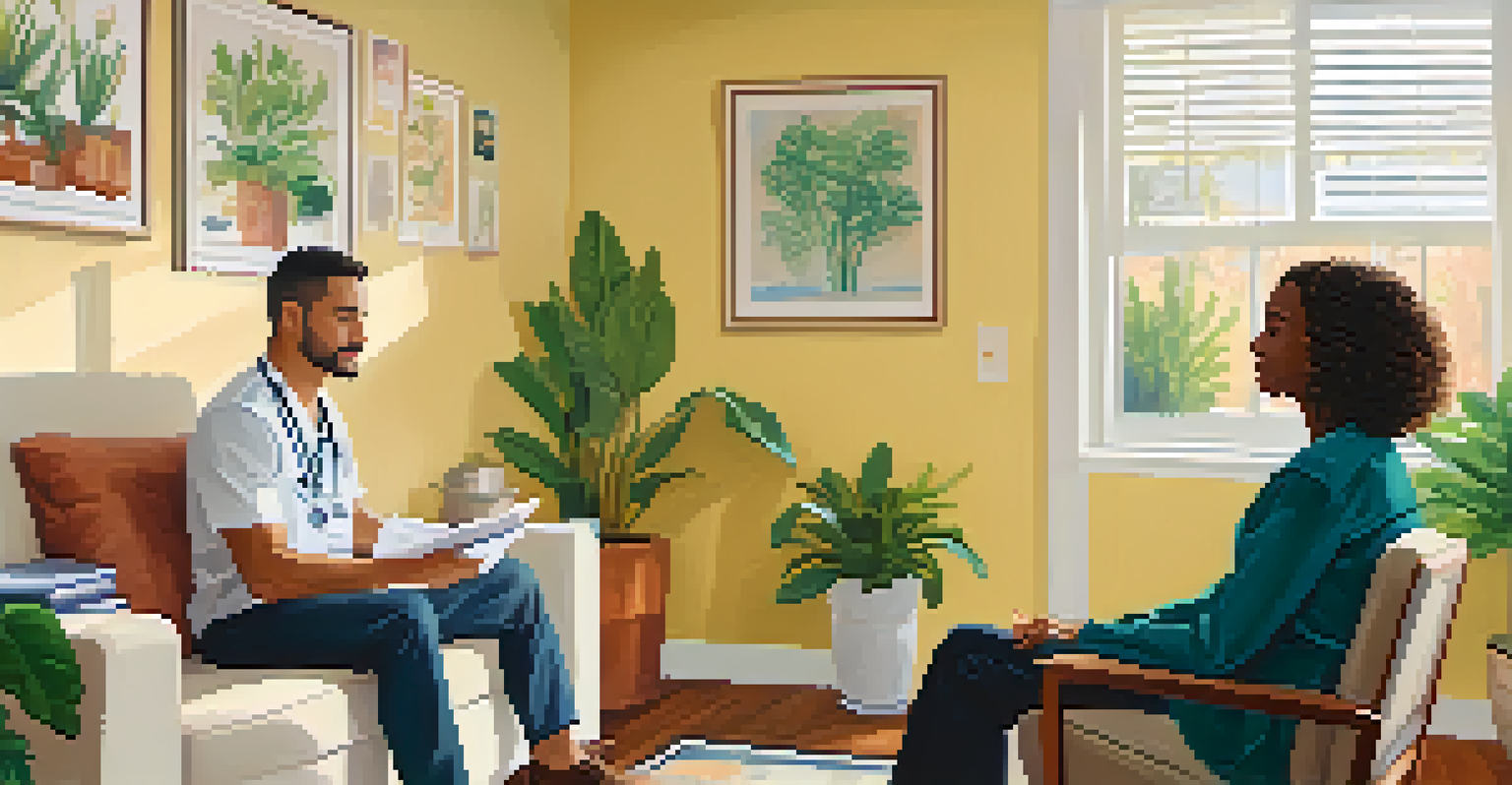 A mental health professional listening to a young adult male client in a bright therapy office.