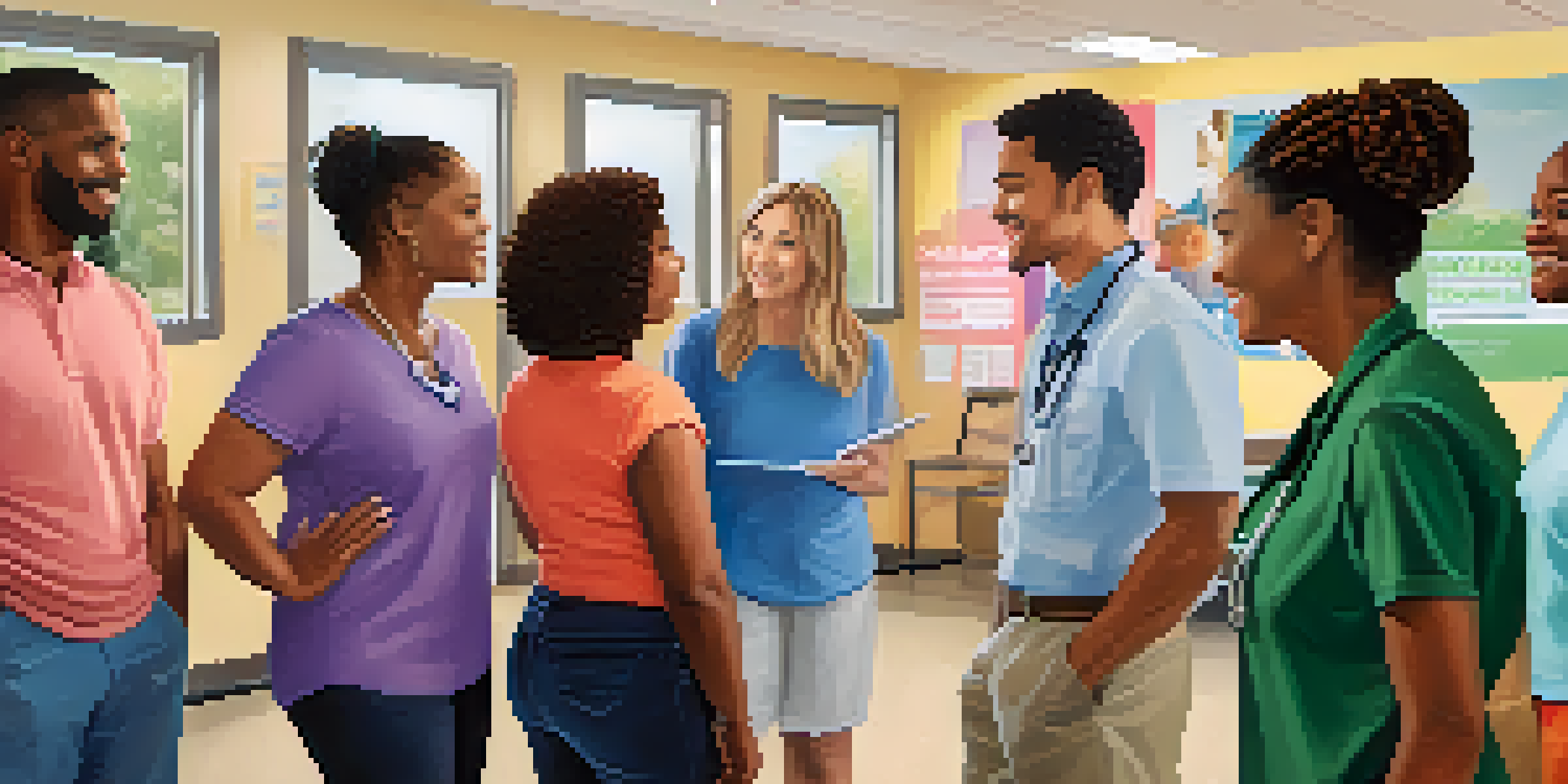 A group of diverse individuals discussing healthcare with a provider in a community health center, surrounded by colorful health equity posters.