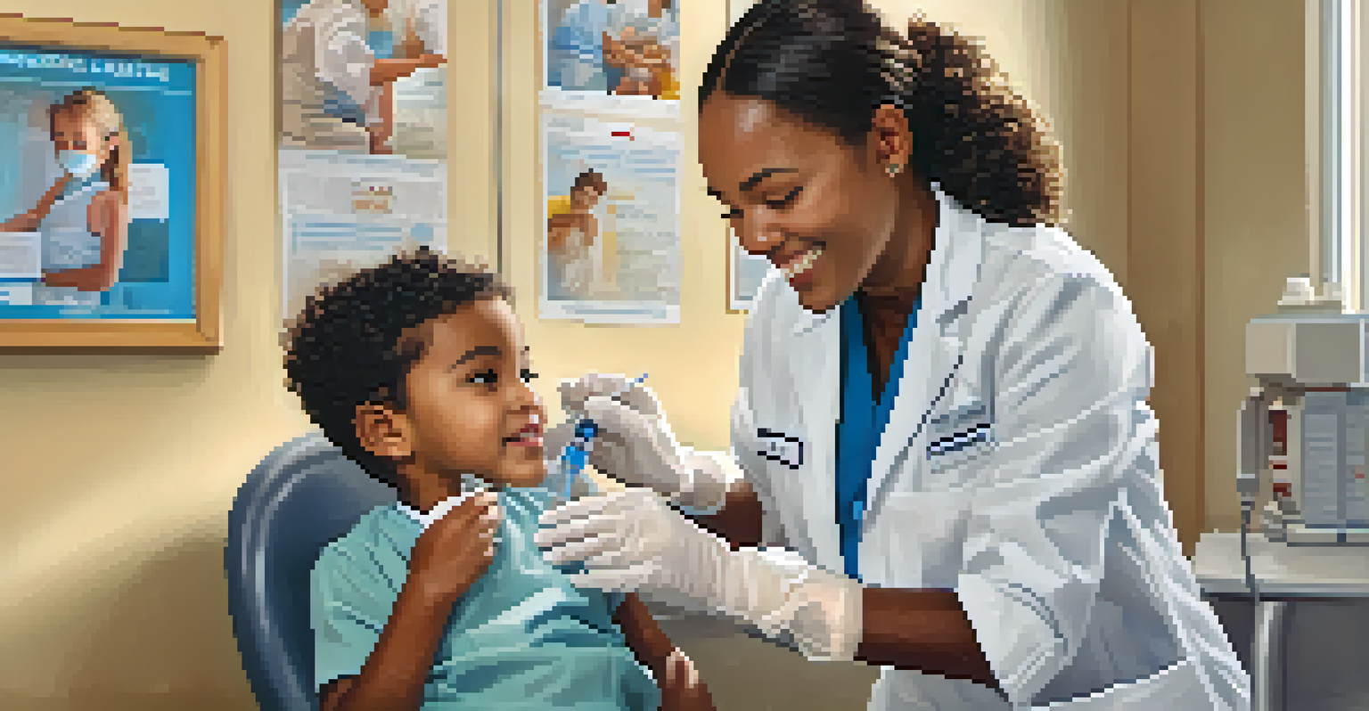 A healthcare worker administering a vaccine to a young child in a clinic, with medical equipment and safety posters in the background.