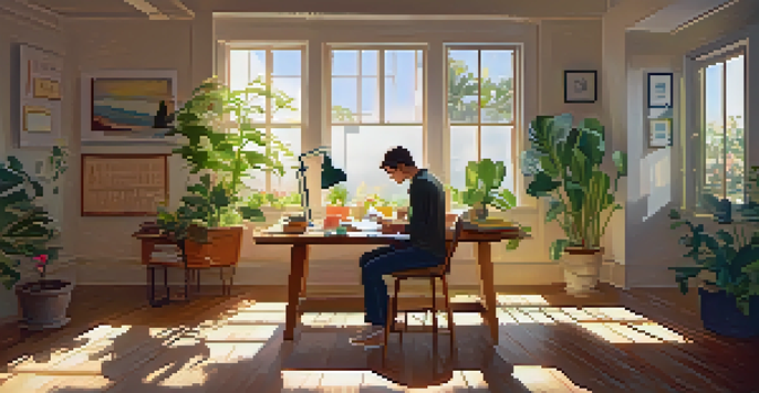 A person at a desk with a planner and sticky notes, surrounded by plants and sunlight, conveying a sense of calm and organization.