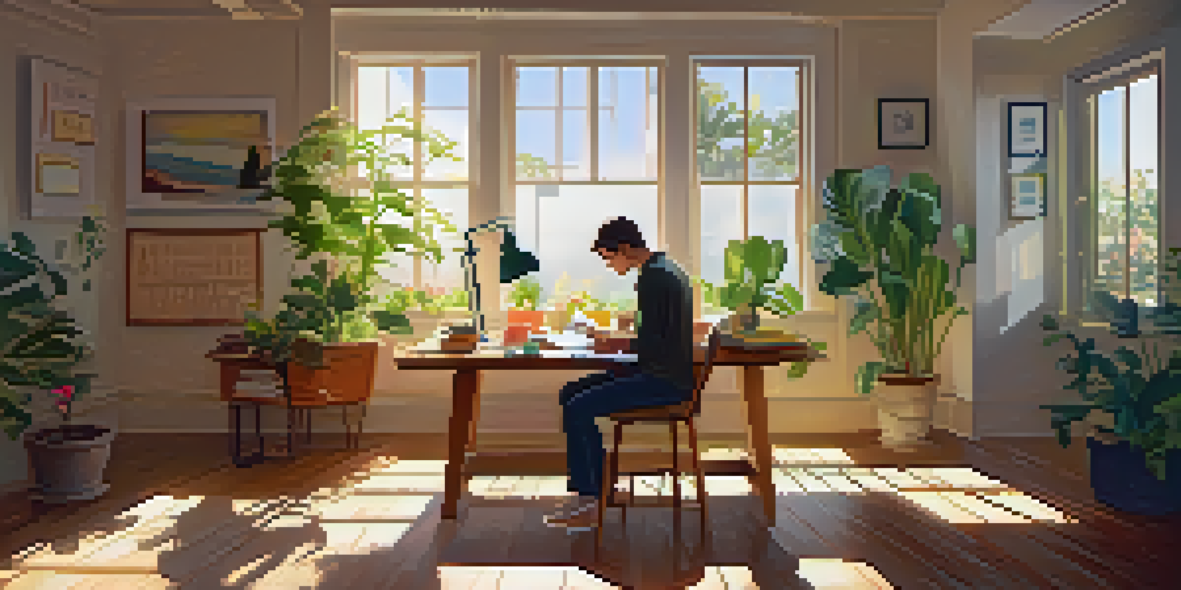 A person at a desk with a planner and sticky notes, surrounded by plants and sunlight, conveying a sense of calm and organization.