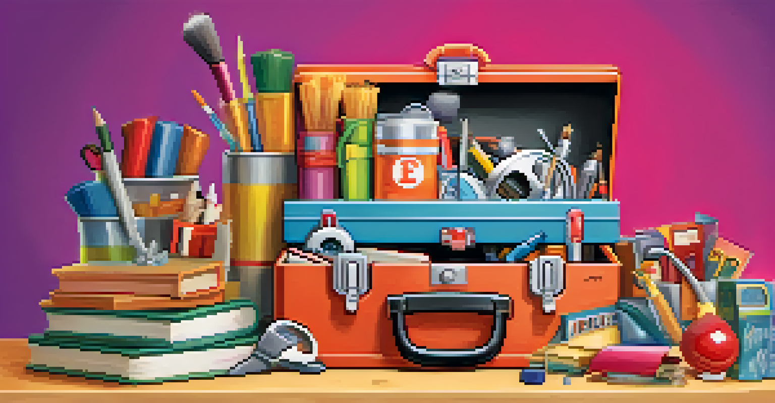 An illustrated humor toolkit with a toolbox filled with funny books, a comedy movie DVD, and a notepad of jokes, set against a cheerful background.
