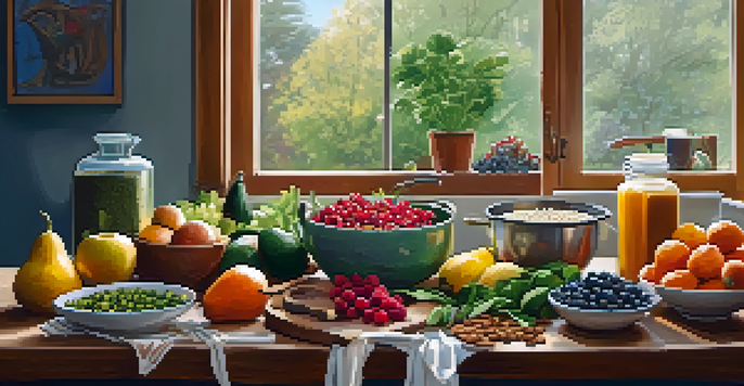 A lively kitchen with a wooden table displaying fresh fruits, vegetables, and herbs, bathed in natural light.