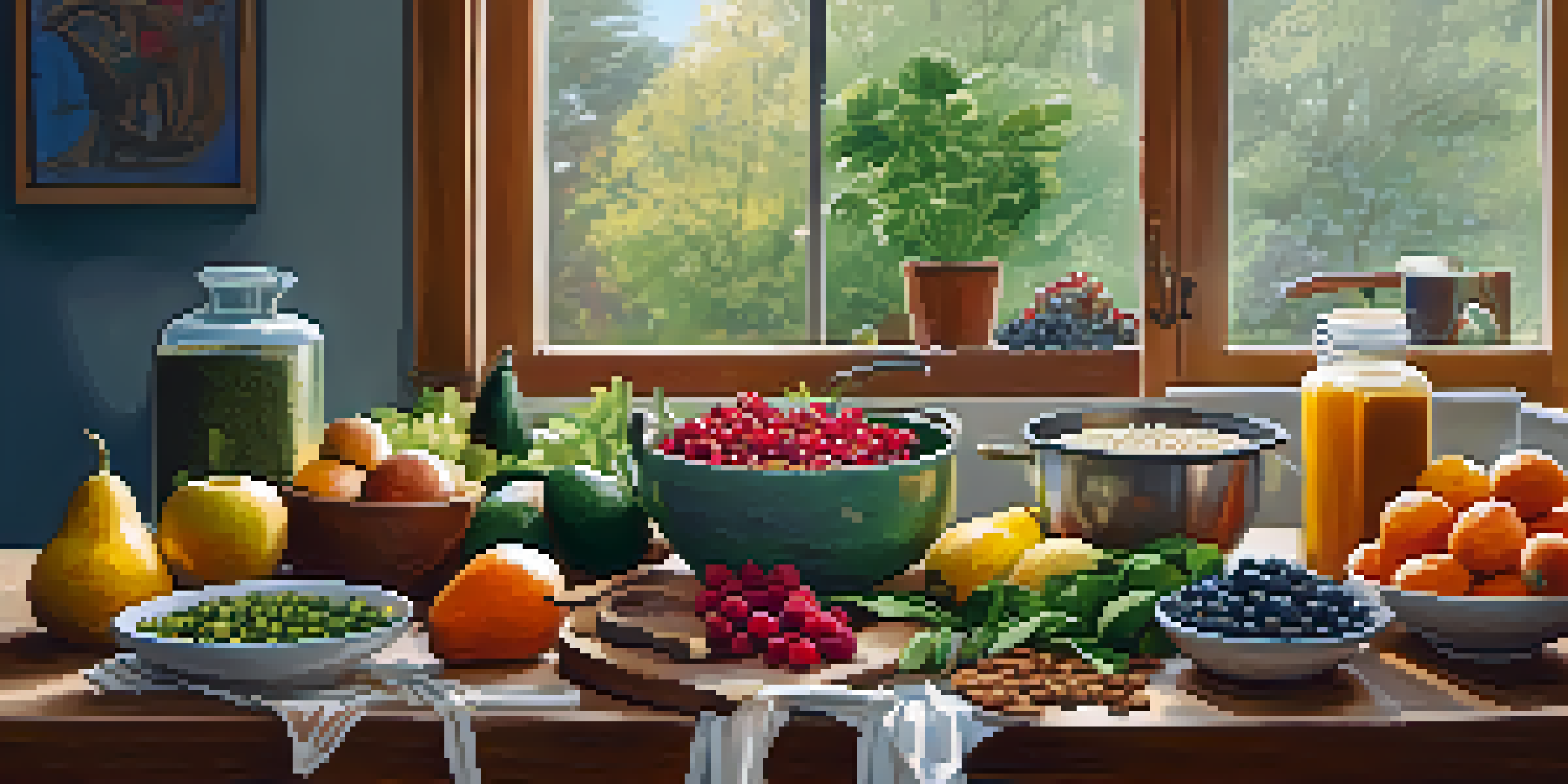 A lively kitchen with a wooden table displaying fresh fruits, vegetables, and herbs, bathed in natural light.