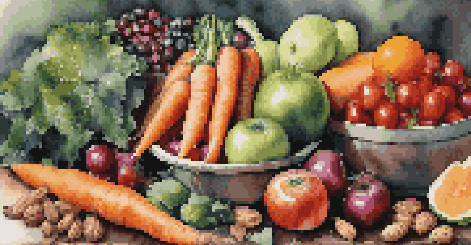 A beautifully arranged selection of colorful fruits and vegetables on a rustic wooden table, showcasing healthy eating.