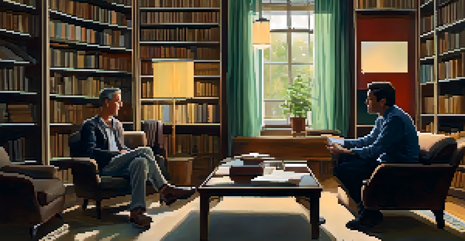 A man discussing his feelings with a therapist in a cozy, warmly lit room.