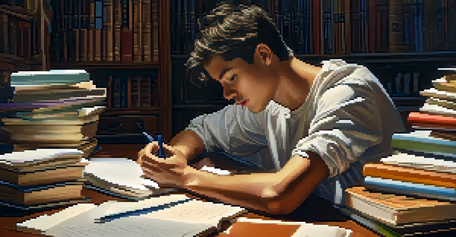A tired student studying at a cluttered desk, surrounded by books and notes, depicting the challenges of sleep disorders.