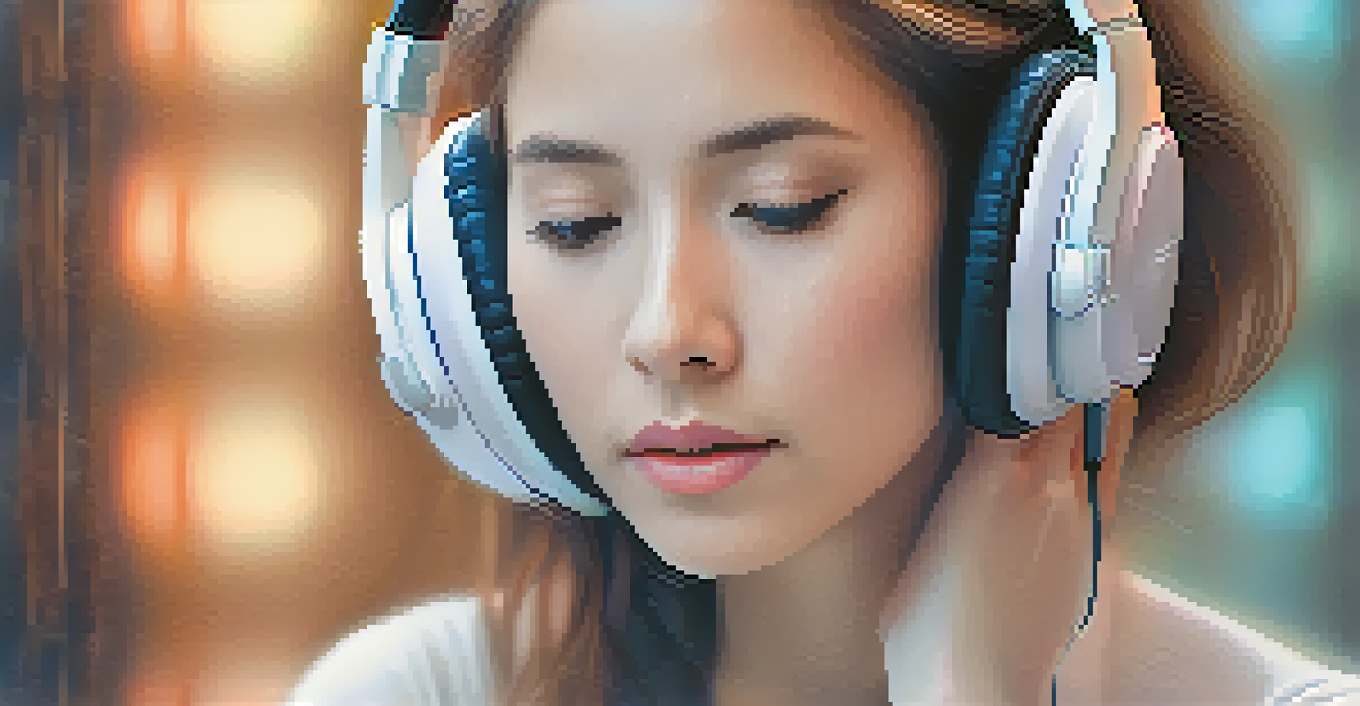 A close-up of a relaxed woman meditating with headphones, surrounded by a softly blurred pastel background.