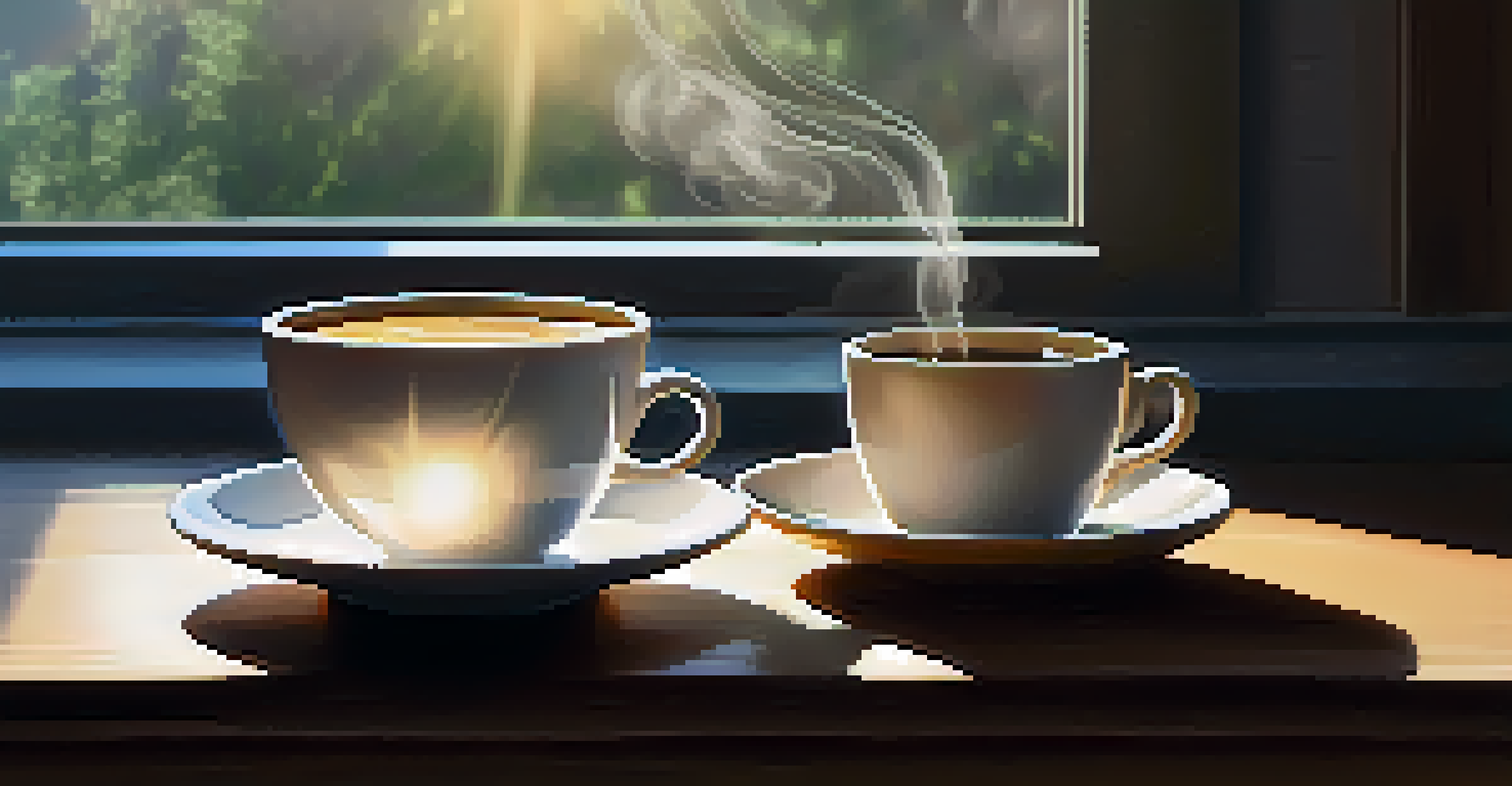 A steaming cup of coffee on a wooden table with sunlight streaming in, creating a cozy atmosphere.