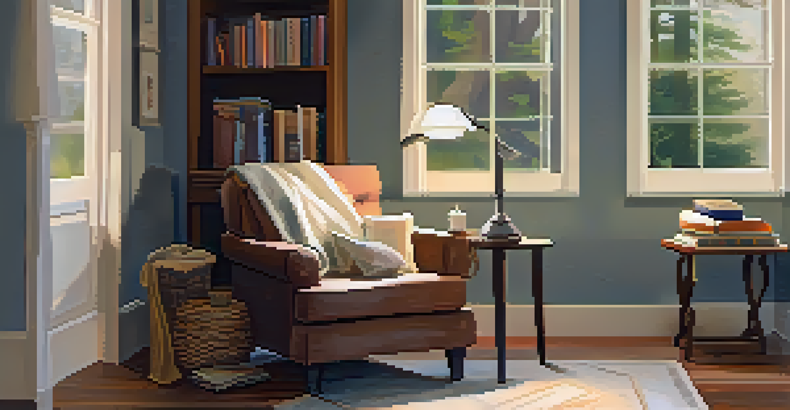 A cozy reading nook with an armchair, a cup of tea, and a stack of books under warm light.
