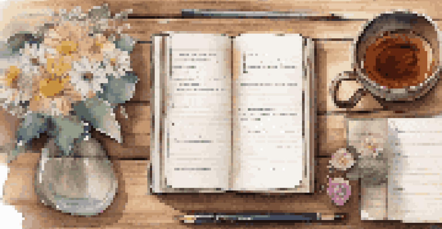 A cozy setup for gratitude journaling with a journal, tea, and flowers on a wooden table.