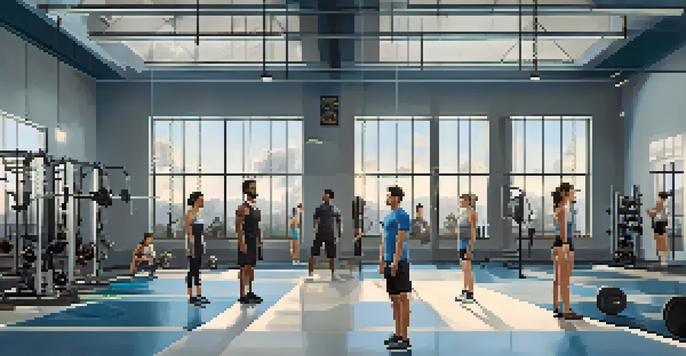 A diverse group of individuals in a gym engaged in strength training, with warm lighting and various exercise equipment.