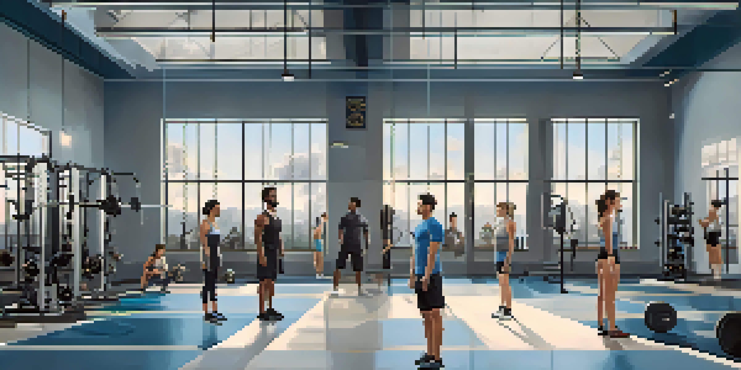 A diverse group of individuals in a gym engaged in strength training, with warm lighting and various exercise equipment.