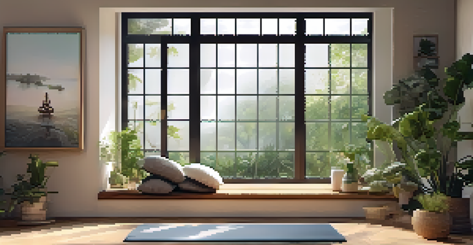 A peaceful yoga space filled with natural light and green plants, with organic cushions and a yoga mat, creating a calming environment.