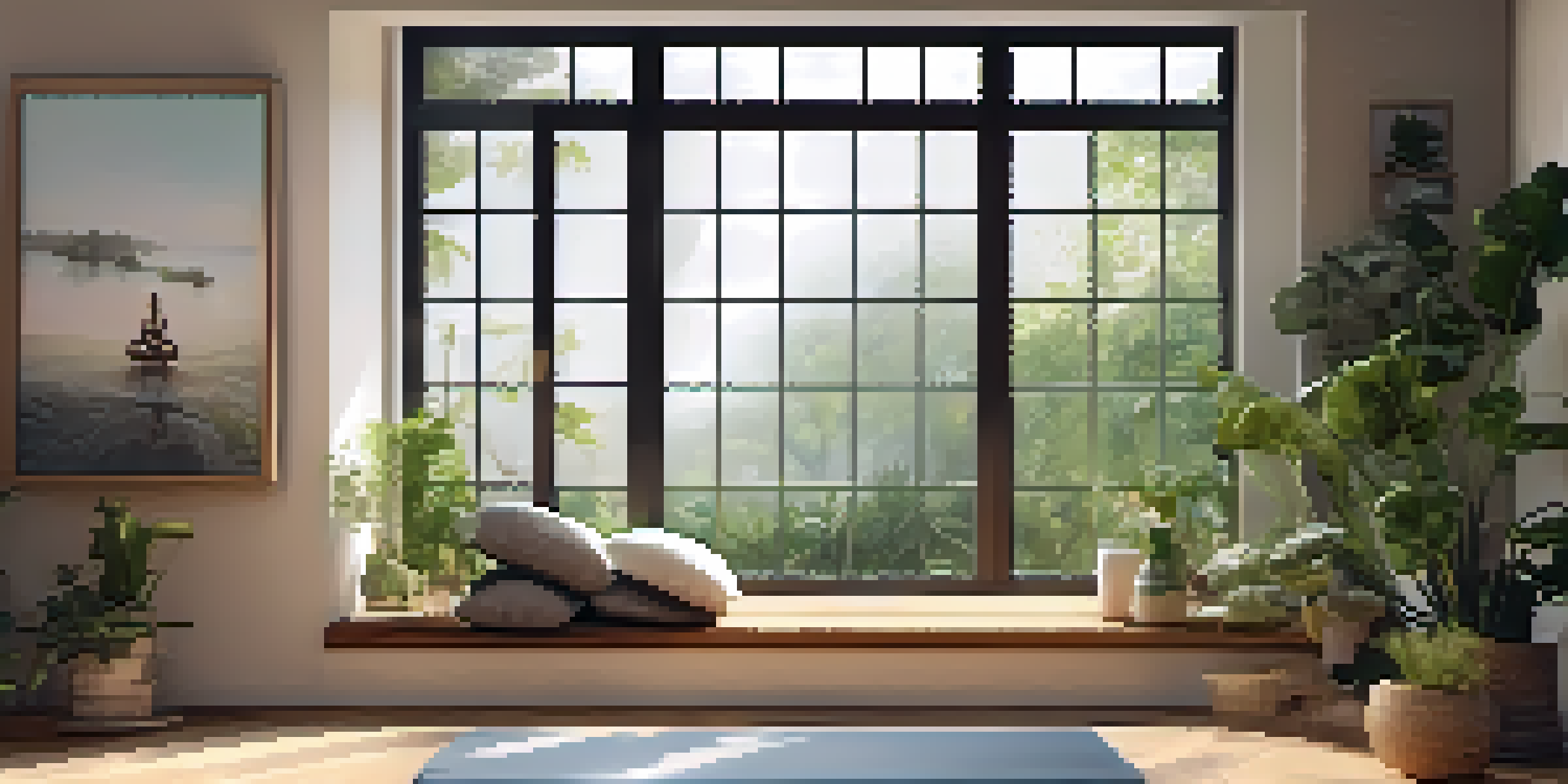 A peaceful yoga space filled with natural light and green plants, with organic cushions and a yoga mat, creating a calming environment.