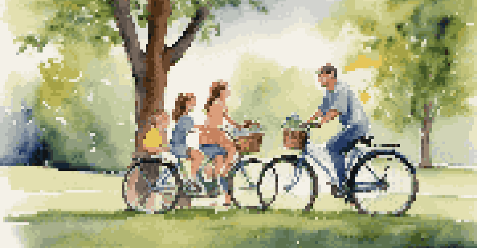A joyful family of four riding bicycles in a park, surrounded by greenery, symbolizing healthy family activities.