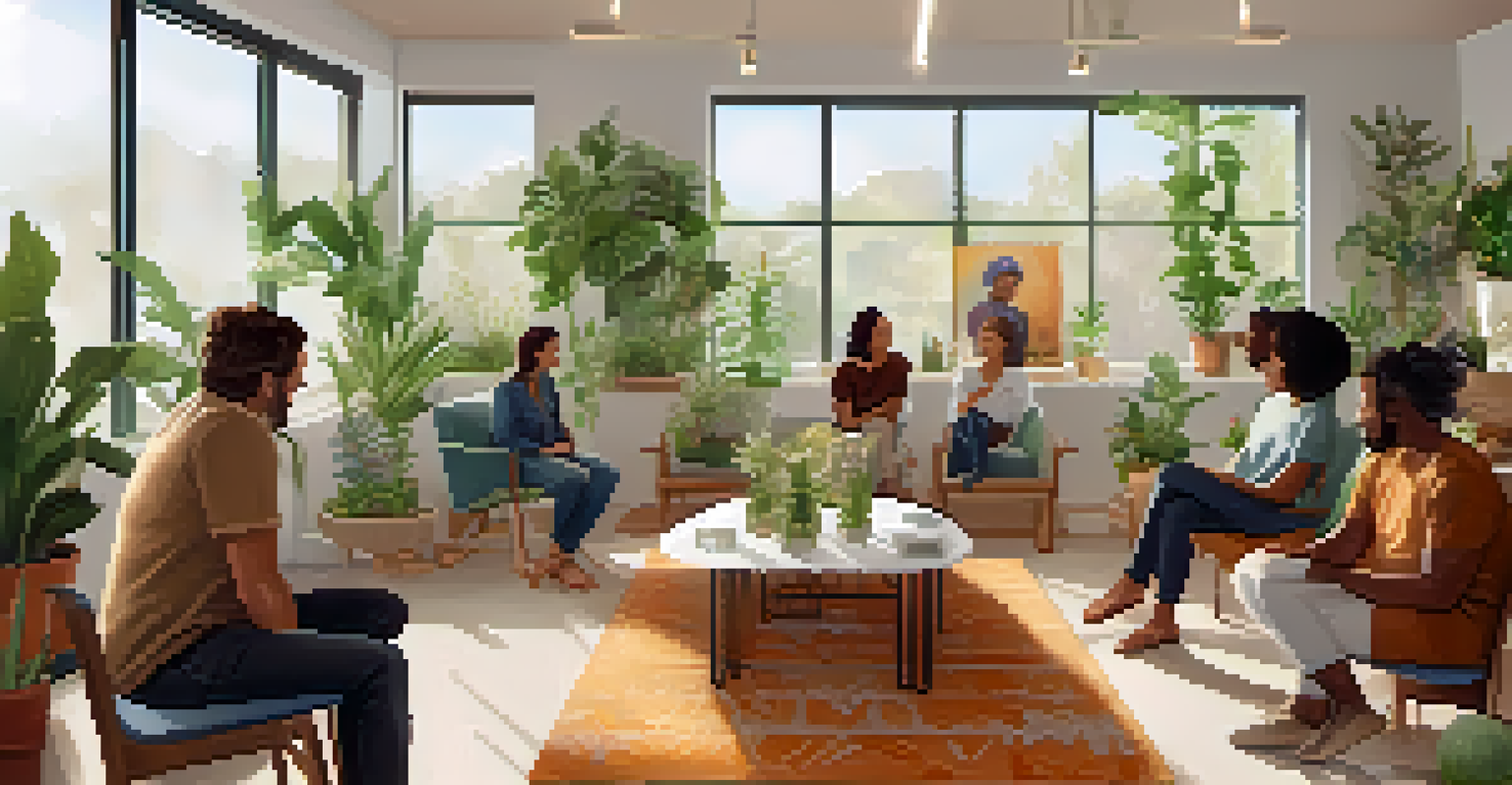 A group of people in a supportive environment sharing experiences, surrounded by plants and artwork, representing community and self-compassion.