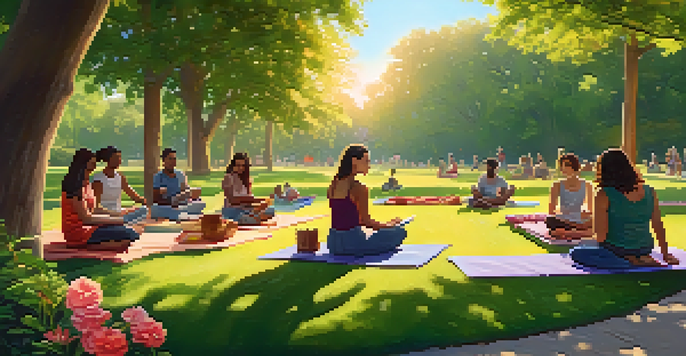 A peaceful park with people reading, doing yoga, and having a picnic, surrounded by nature during sunset.