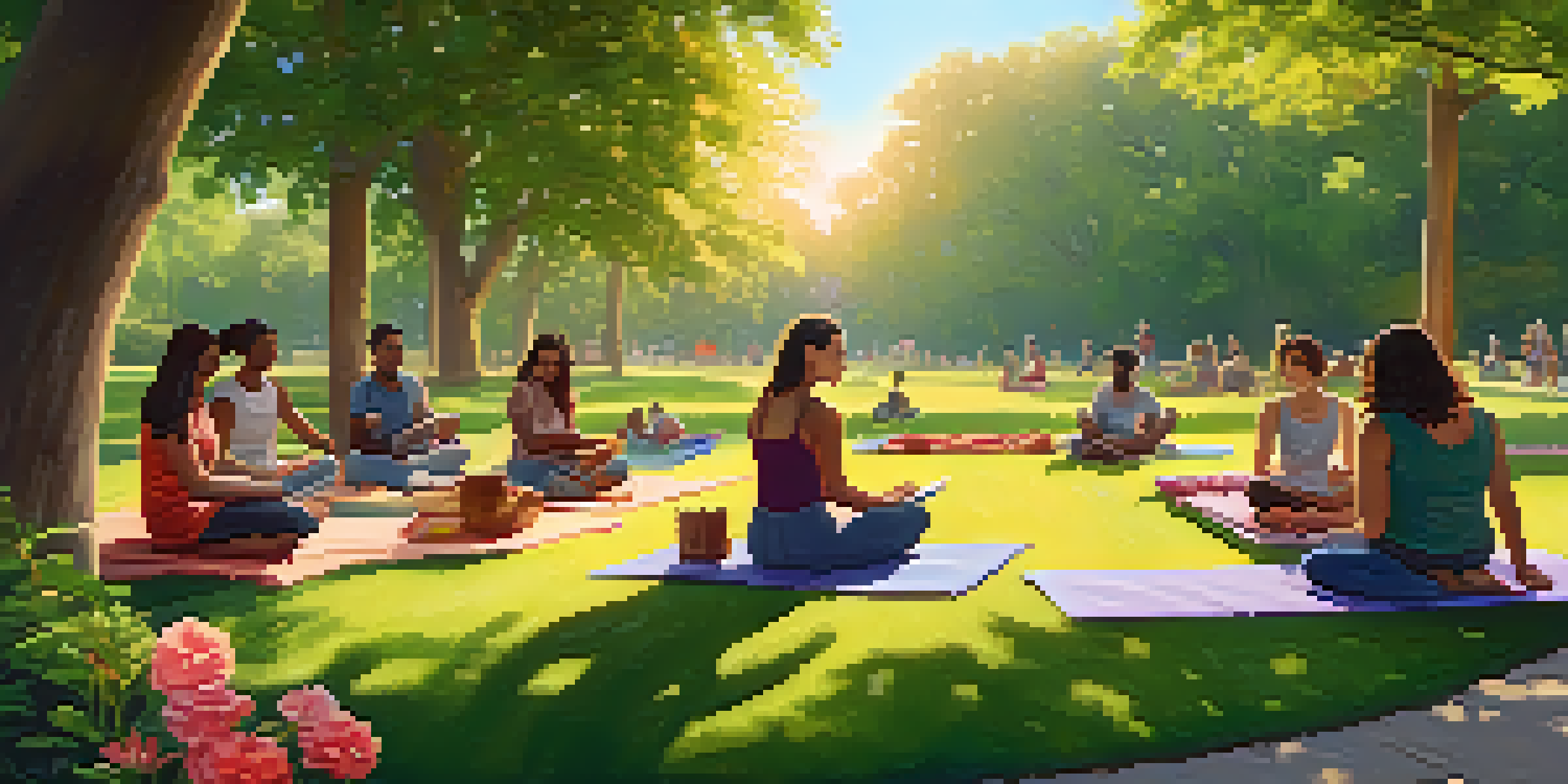 A peaceful park with people reading, doing yoga, and having a picnic, surrounded by nature during sunset.