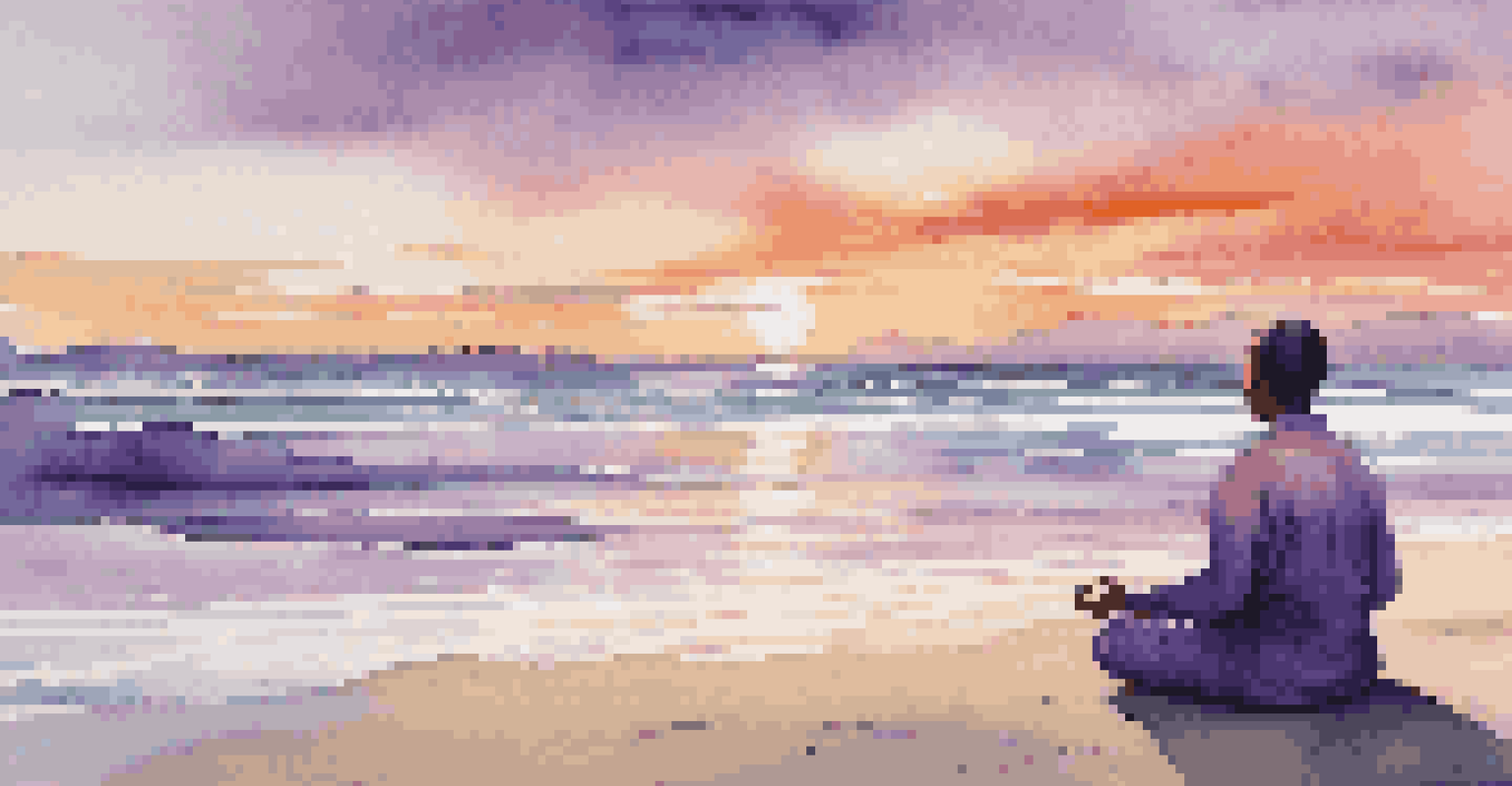 A person meditating on a beach at sunset, with colorful sky and calm waves in the background.