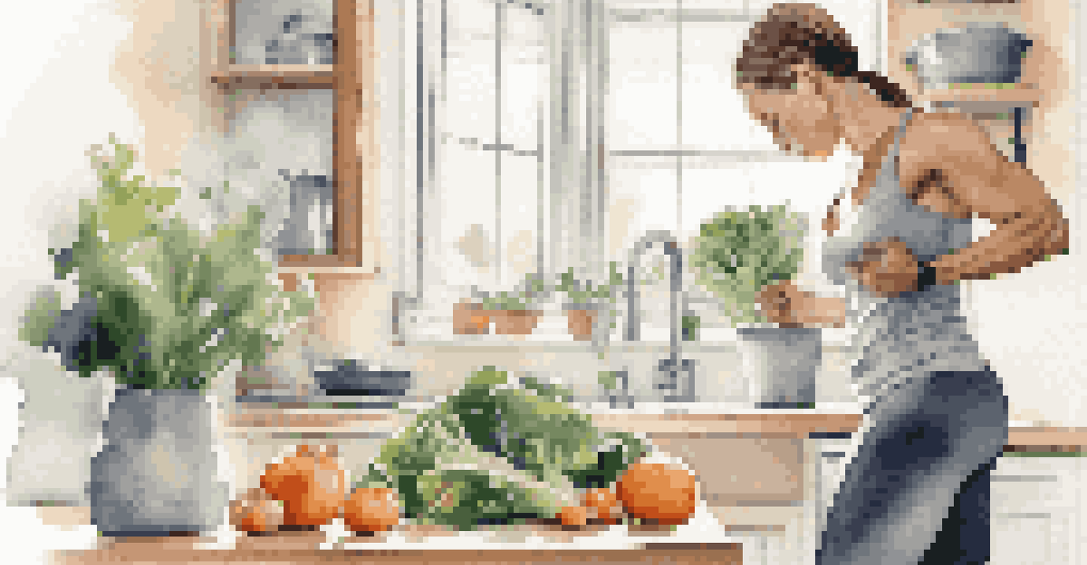 A person performing a squat with a grocery bag in a home kitchen, showcasing functional fitness in a practical setting.