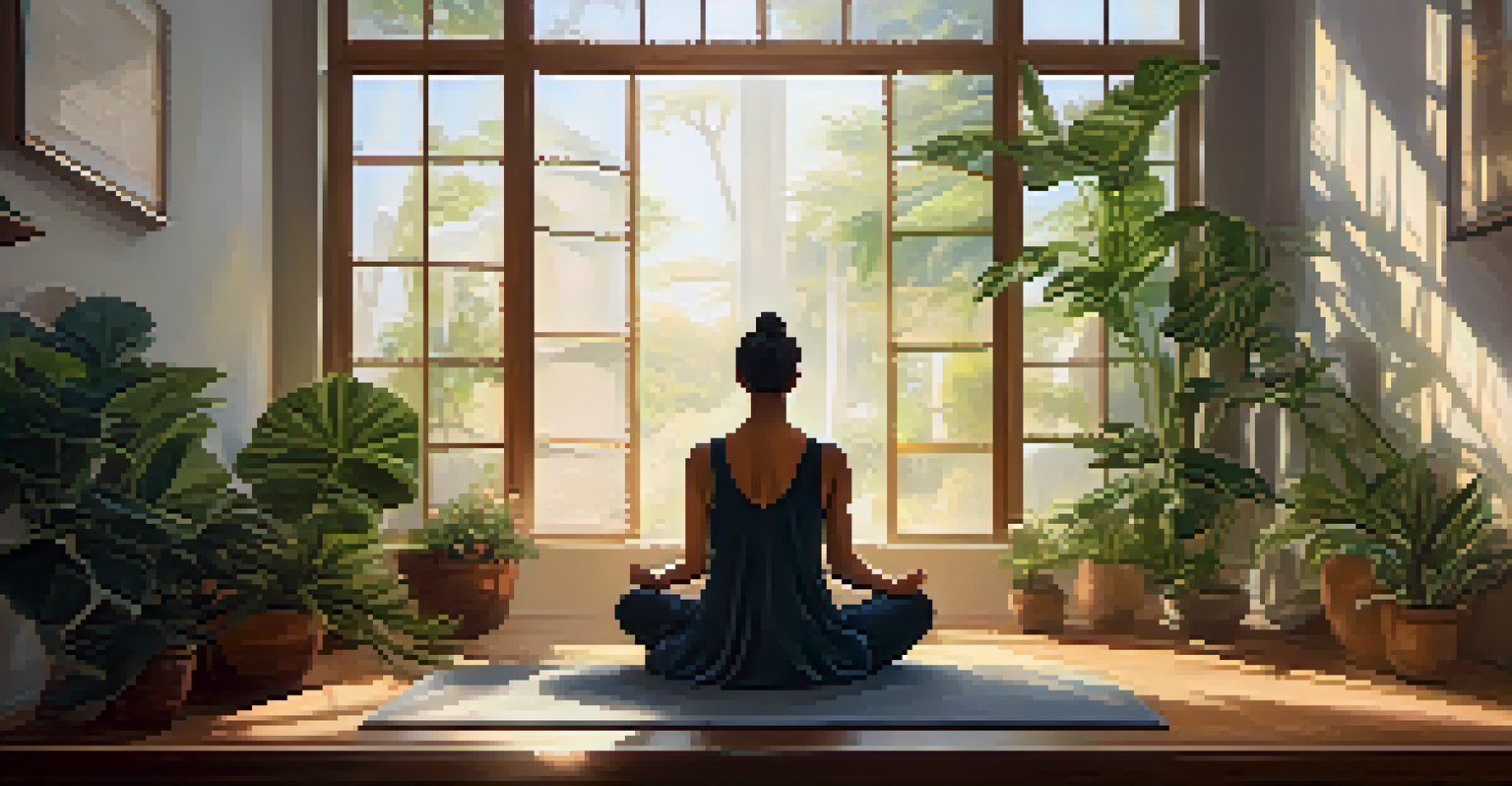 A person meditating on a plush mat in a serene indoor space with plants and soft light.