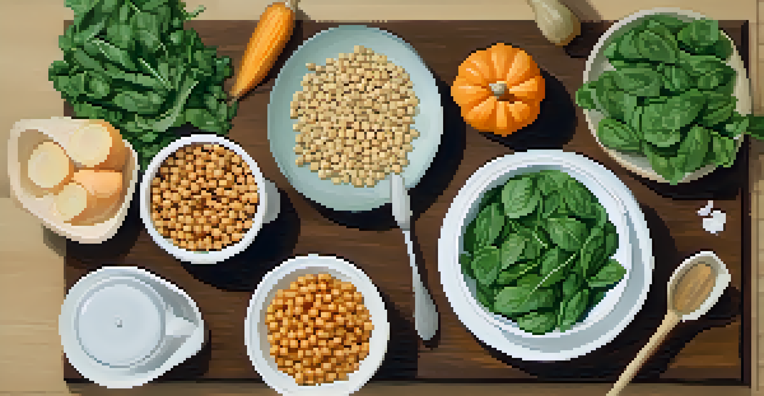 An overhead view of a kitchen table with healthy ingredients like spinach and chickpeas arranged artistically.