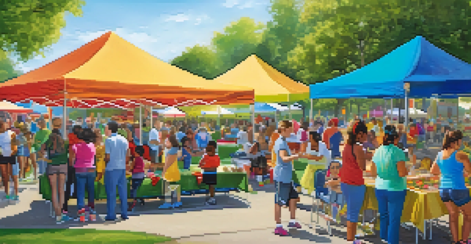 A community health fair in a park, featuring families engaged in health activities and colorful booths.