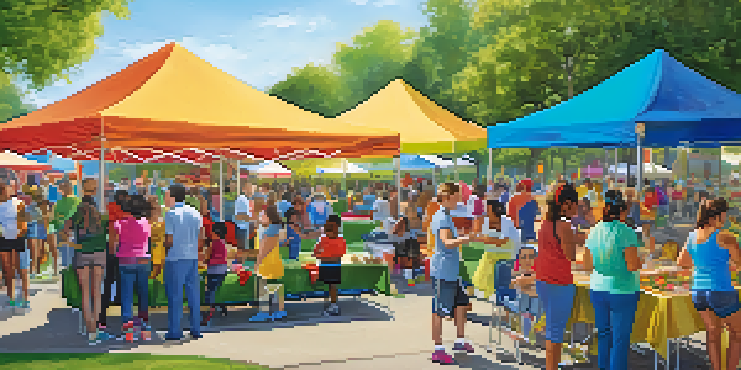 A community health fair in a park, featuring families engaged in health activities and colorful booths.