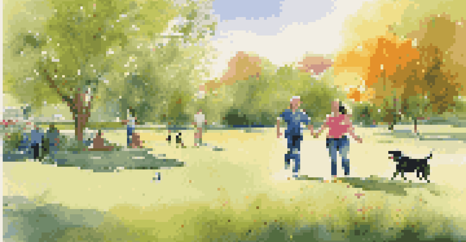 A couple plays fetch with their dog in a sunny dog park, surrounded by greenery and colorful flowers, capturing a joyful moment.