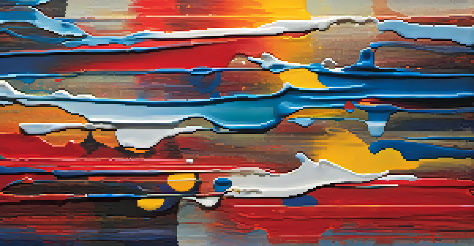 A close-up of a colorful abstract painting showcasing bold brush strokes and vibrant colors under sunlight.