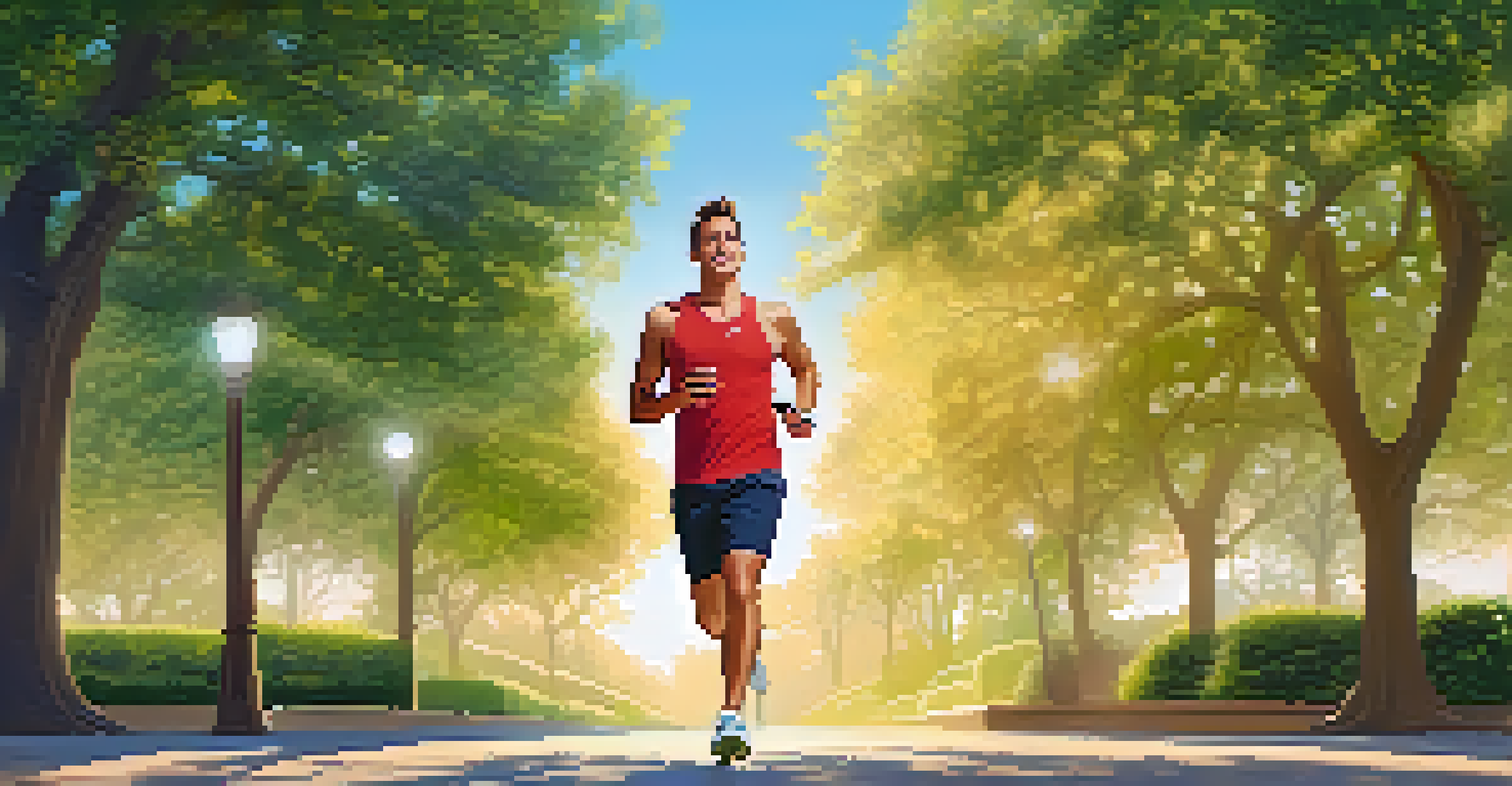 A man jogging in a park, checking his fitness app on a smartwatch, with a sunny and green backdrop.