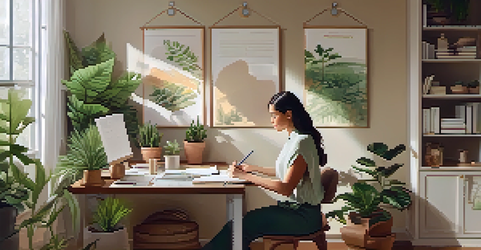 A woman in a peaceful home office, writing in a planner with a to-do list visible on the wall, surrounded by plants.