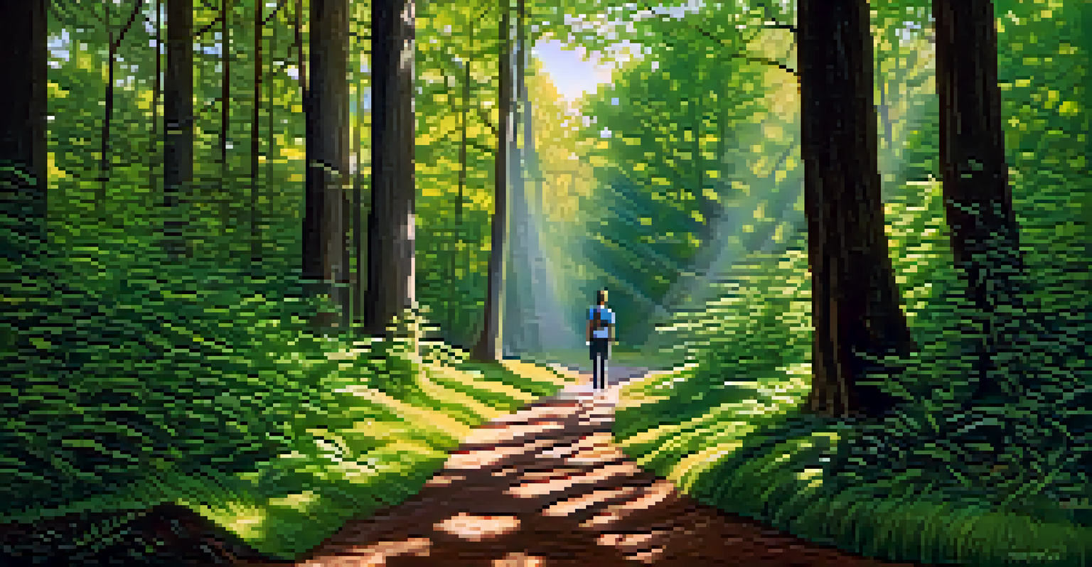 A person walking mindfully along a forest path, surrounded by lush greenery and dappled sunlight.
