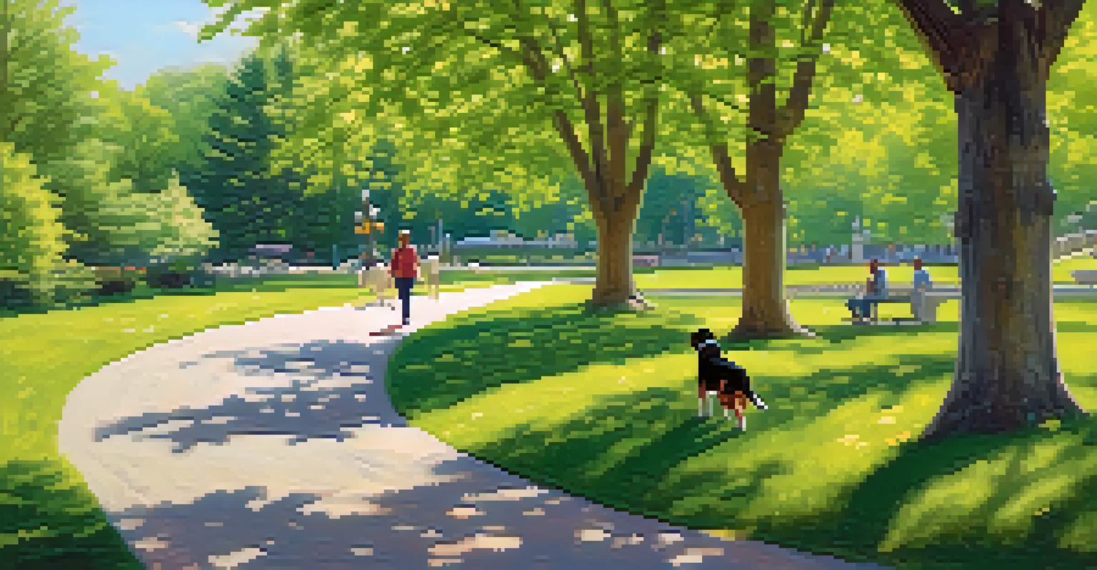 A young man walks his beagle dog in a sunny park, surrounded by trees and flowers, with other people enjoying the outdoors.