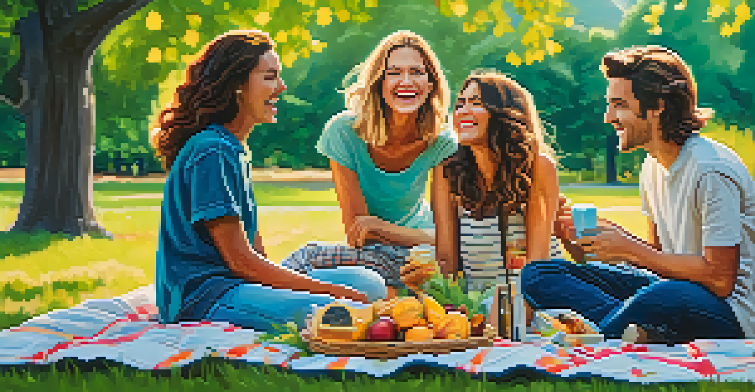 A group of friends having a picnic in a park, enjoying each other's company without any devices, surrounded by nature.