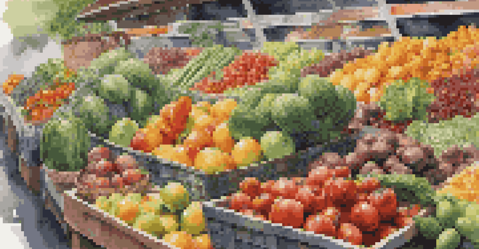 A colorful display of fresh fruits and vegetables in a market, highlighting fiber-rich foods, with a shopping basket in the foreground.